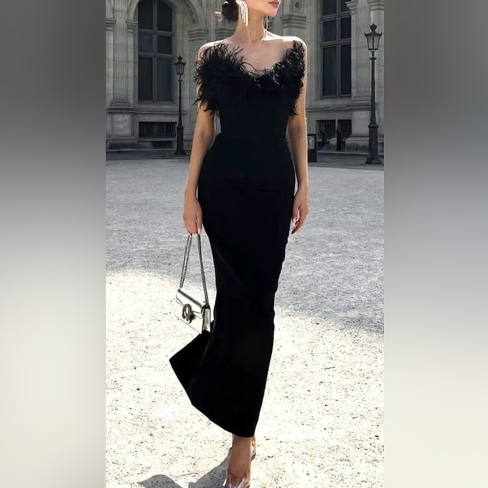 Tiffany Elegant Strapless Feather Formal Gown Cocktail Bandage Long Dress - Picture 3 of 14
